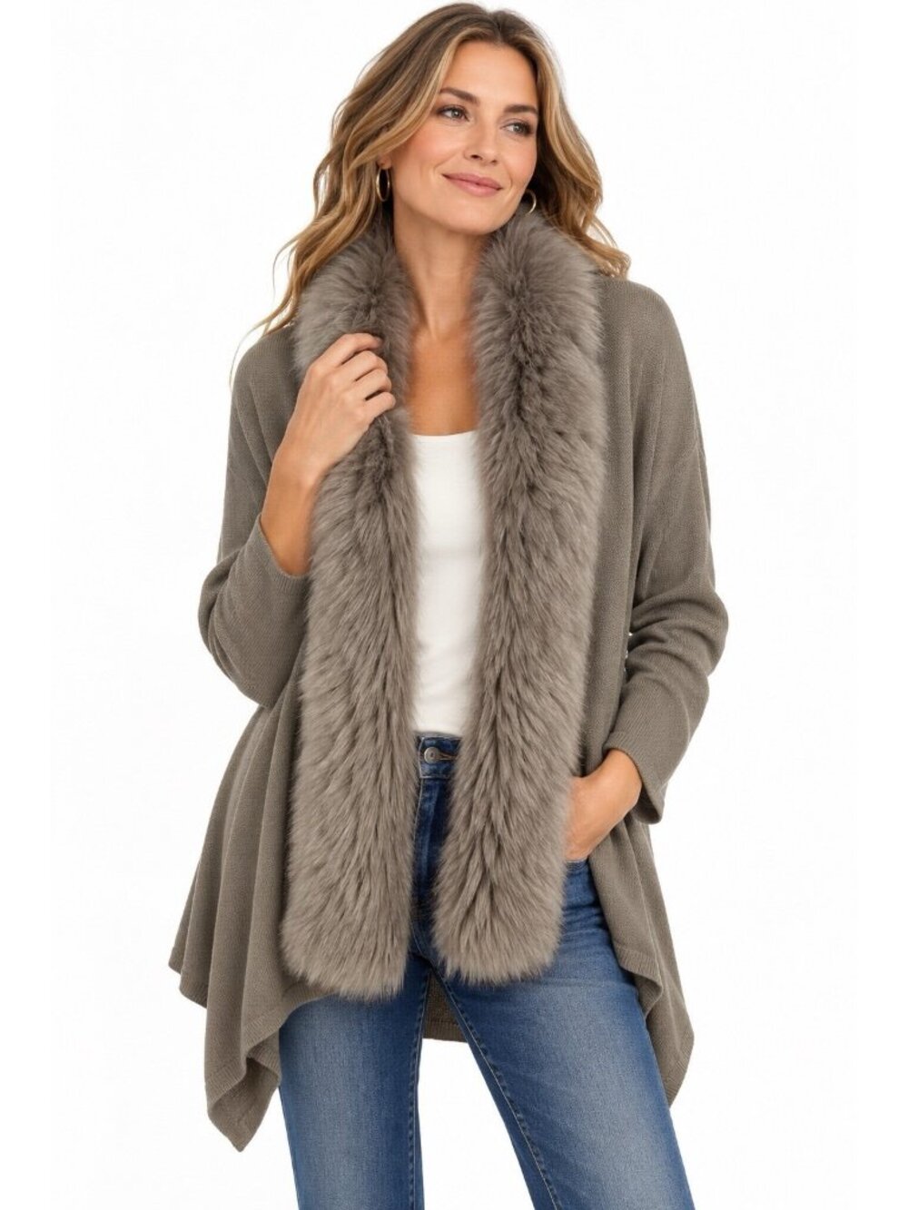 SOFT SURROUNDINGS cardigan sweater removeable faux fur collar MEDIUM gray cozy